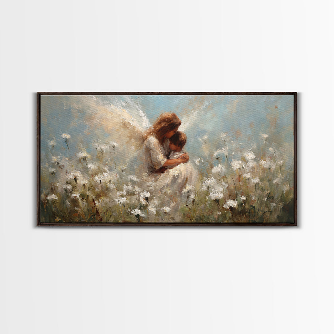 Tender Angel Holding Baby In White Wildflower Meadow Canvas Print, Christian Wall Art, Nursery Home Decor, Motherhood Gift