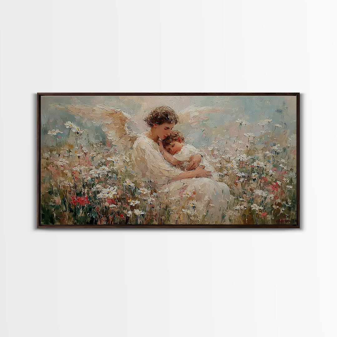 Seated Guardian Angel Cradling Sleeping Baby In Floral Meadow Wall Art, Christian Nursery Decor, Motherhood Gift For Her