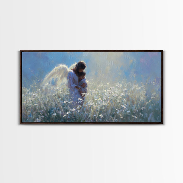Angel Mother Holding Child In Moonlit White Meadow Framed Canvas Print, Christian Wall Art, Calming Nursery Home Decor Gift