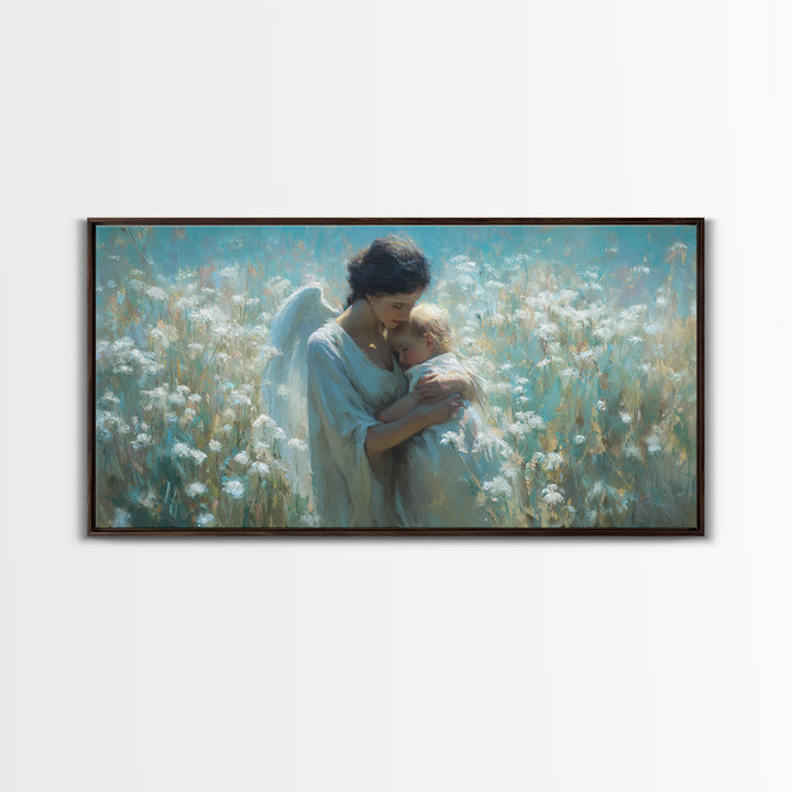 Serene Angel Cradling Blonde Baby In Blue Wildflower Field Framed Canvas Print, Christian Wall Art, Nursery Home Decor Gift