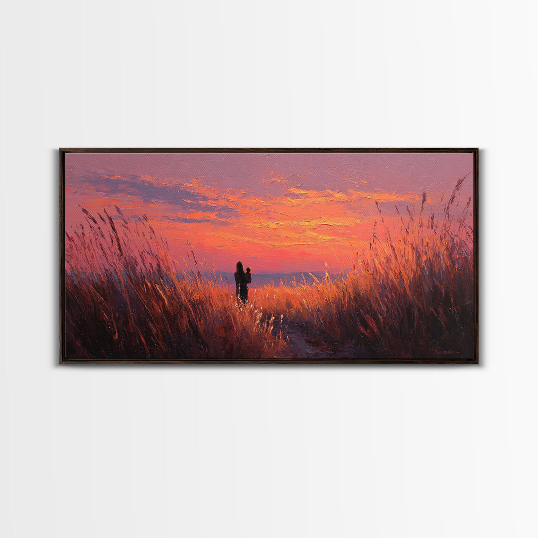 Mother And Child Sunset Grasslands Canvas Print, Romantic Landscape Wall Art, Warm Coastal Decor, Nursery, New Home Gift For Her