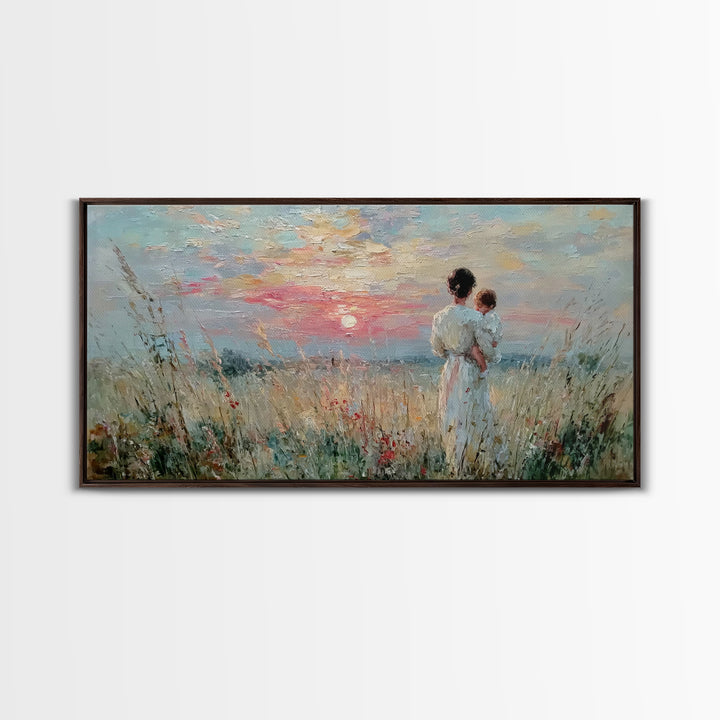 Mother And Child Sunset Seascape Canvas Print, Impressionist Coastal Wall Art, Romantic Bedroom Decor, Nursery Gift For Her
