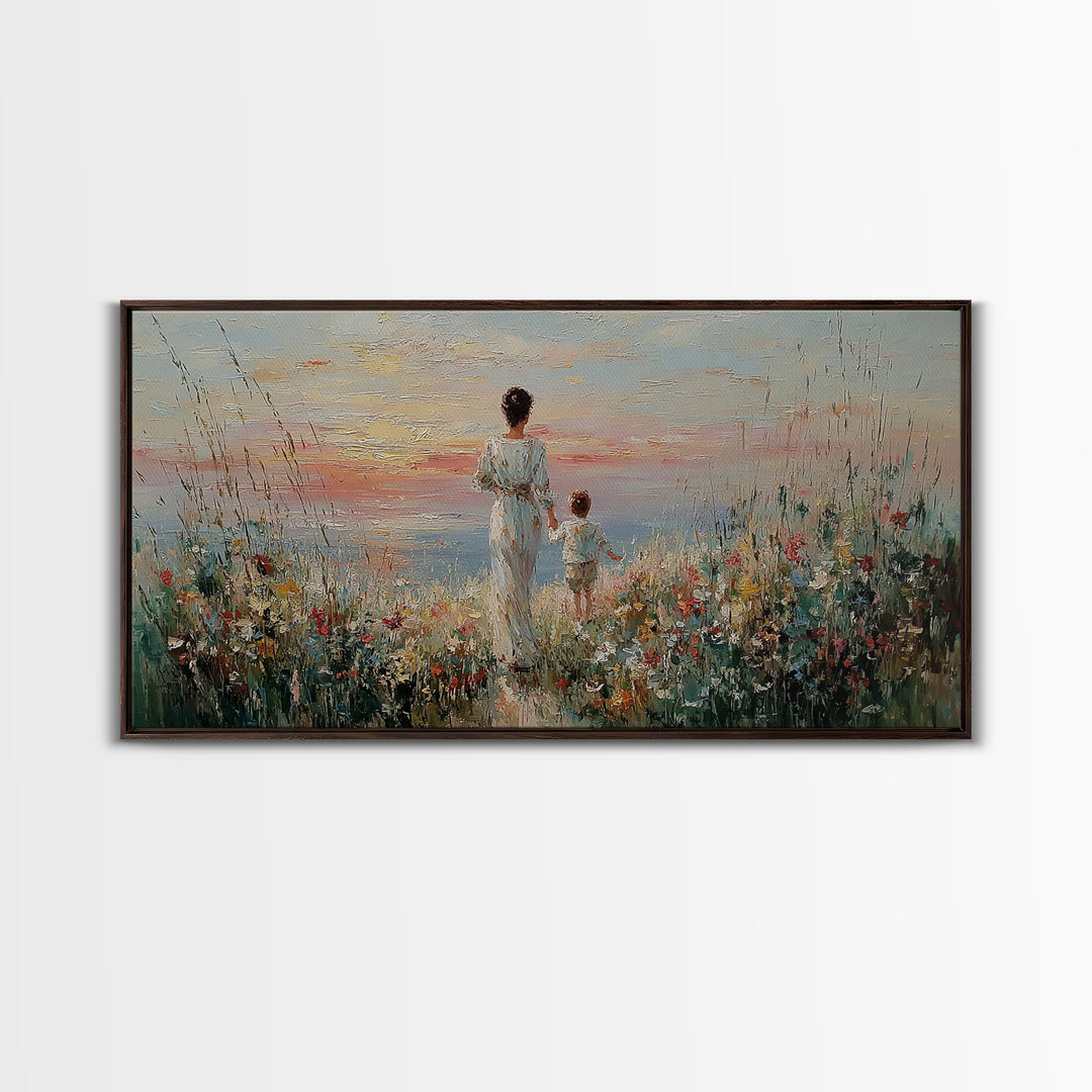 Mother And Child Ocean Meadow Wall Art, Impressionist Wildflower Seascape, Coastal Nursery Decor, Framed Canvas Print, Gift For Her
