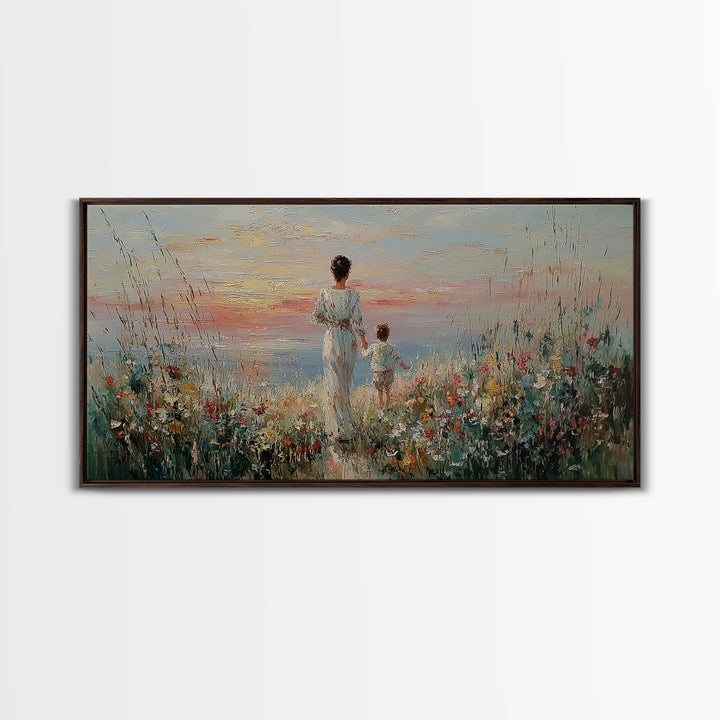 Mother And Child Ocean Meadow Wall Art, Impressionist Wildflower Seascape, Coastal Nursery Decor, Framed Canvas Print, Gift For Her