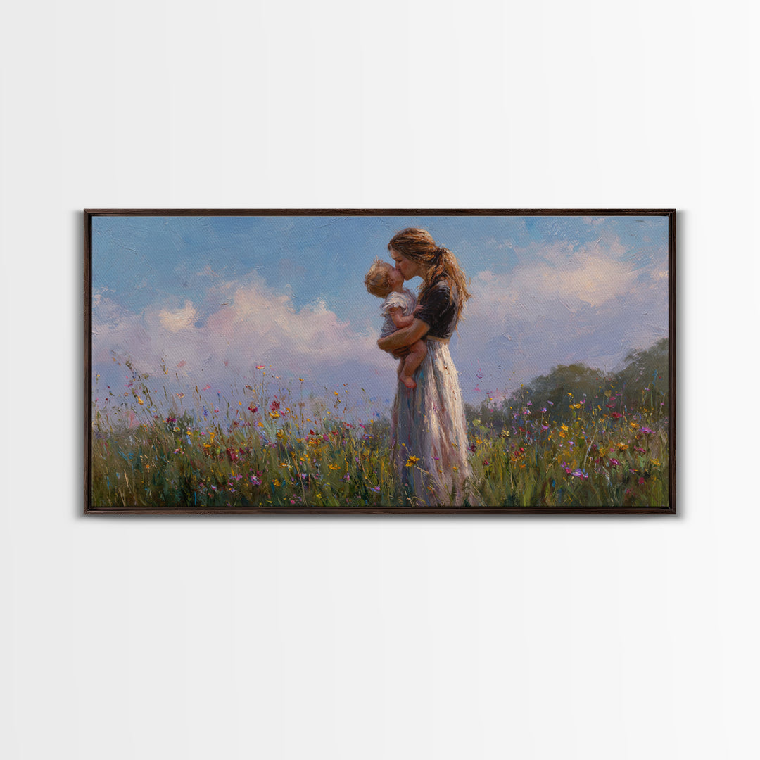 Mother Holding Baby In Wildflower Meadow Wall Art, Impressionist Canvas Print, Nursery Decor, Gift For Mom, Bedroom Decor