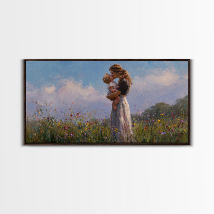 Mother Holding Baby In Wildflower Meadow Wall Art, Impressionist Canvas Print, Nursery Decor, Gift For Mom, Bedroom Decor