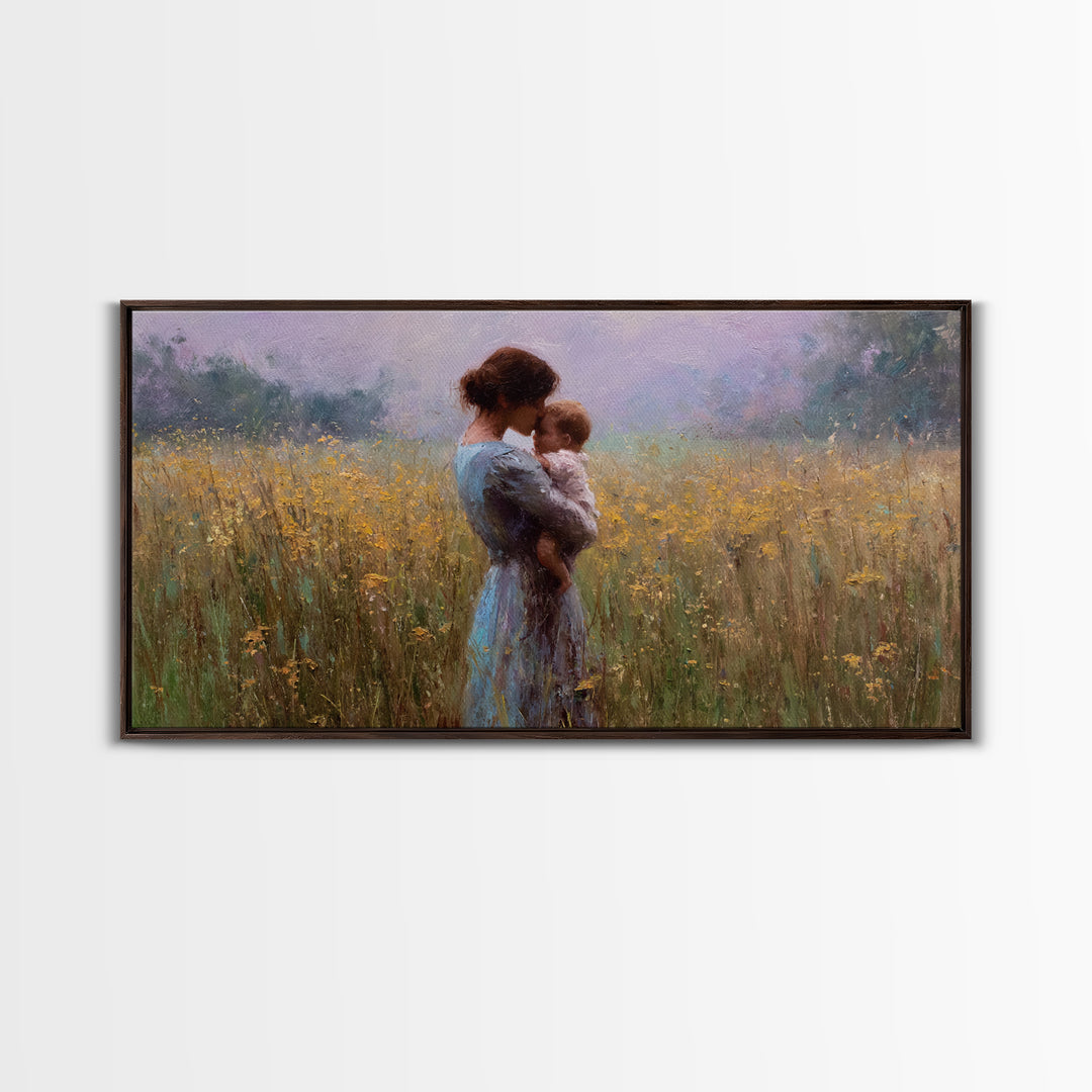 Mother Cuddling Baby In Golden Meadow Wall Art, Impressionist Canvas Print, Neutral Nursery Decor, Gift For Her, Living Room Decor