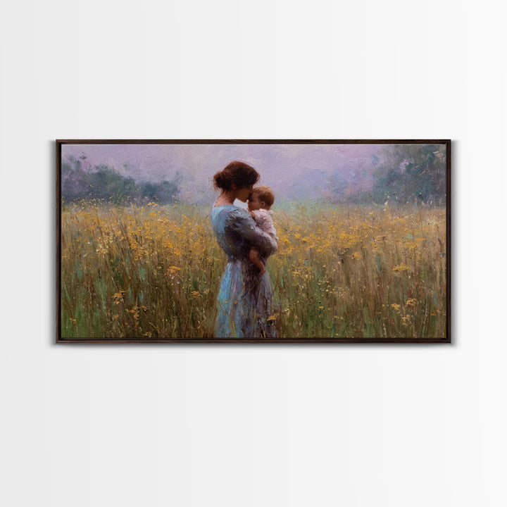 Mother Cuddling Baby In Golden Meadow Wall Art, Impressionist Canvas Print, Neutral Nursery Decor, Gift For Her, Living Room Decor