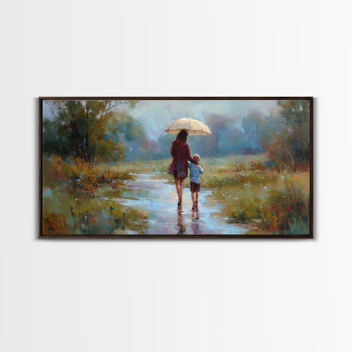 Mother And Child Walking In Rain With Umbrella Wall Art, Impressionist Canvas Print, Cozy Nursery Decor, Housewarming Gift