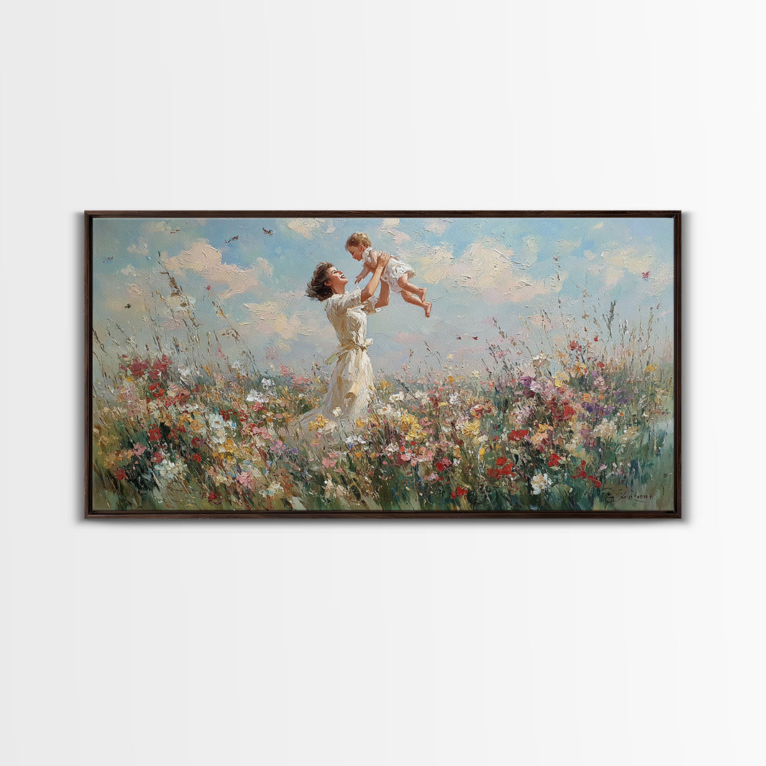 Mother Lifting Baby In Wildflower Meadow Wall Art, Impressionist Canvas Print, Floral Nursery Decor, Gift For Mom, Home Decor