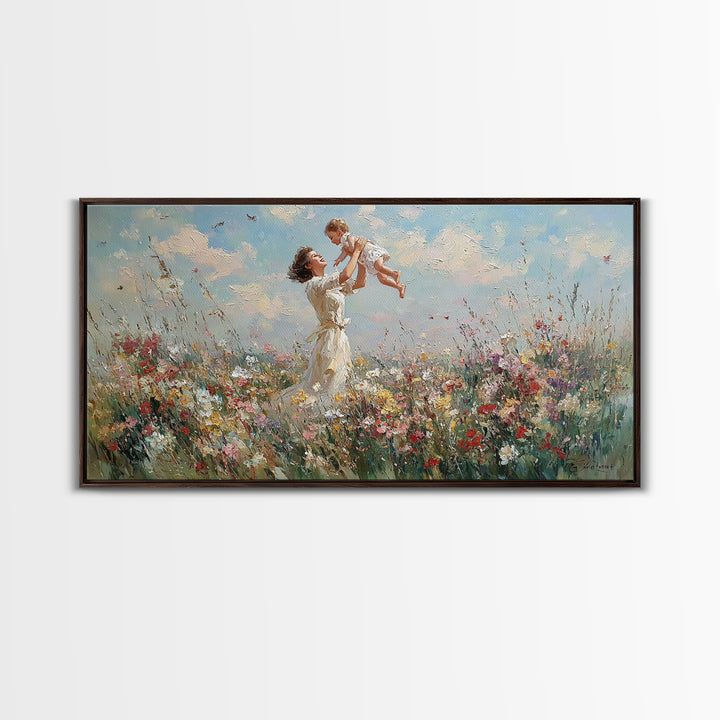 Mother Lifting Baby In Wildflower Meadow Wall Art, Impressionist Canvas Print, Floral Nursery Decor, Gift For Mom, Home Decor