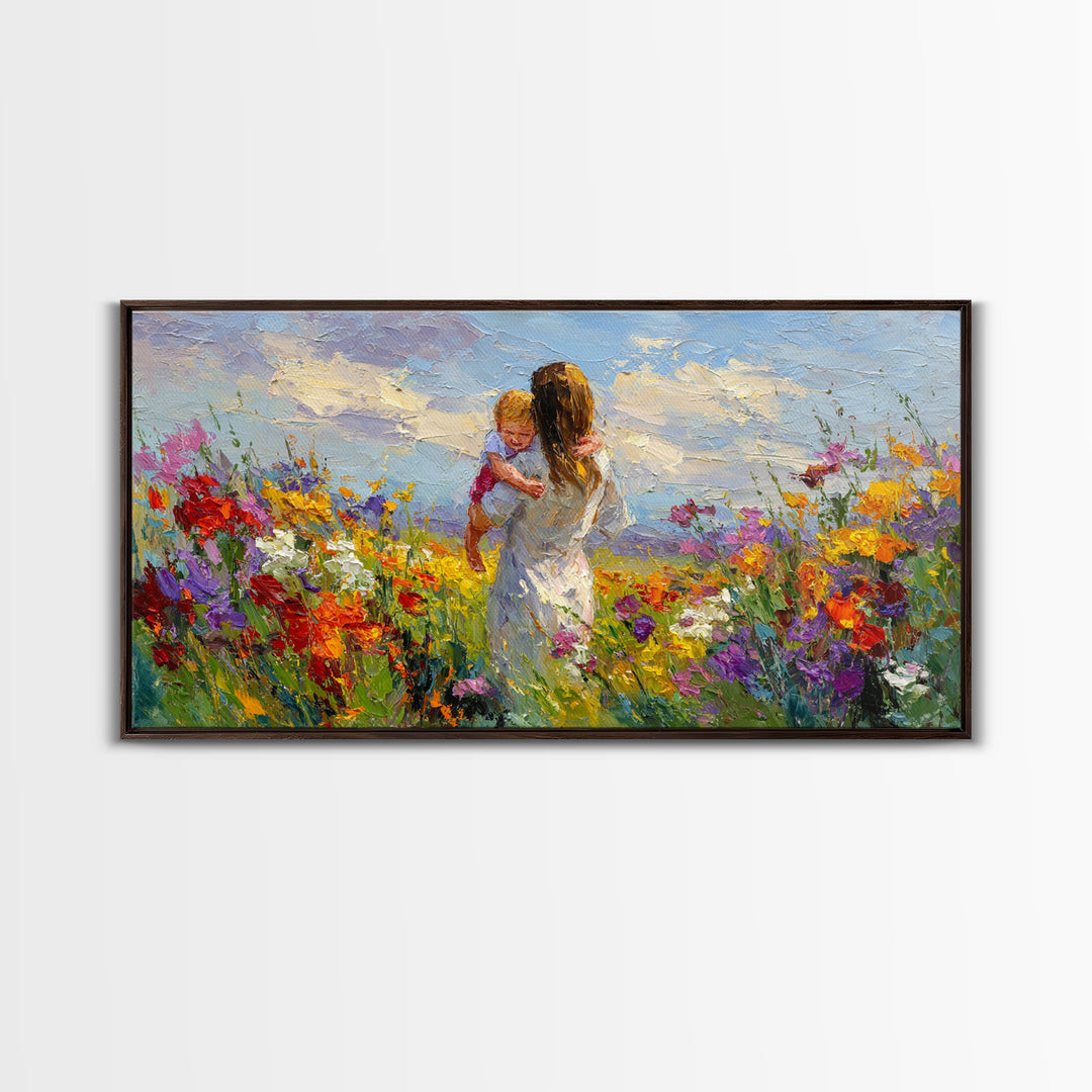 Woman Holding Baby In Vibrant Wildflower Meadow Framed Canvas Print, Mothers Day Gift, Floral Wall Art, Nursery Decor, Living Room Decor