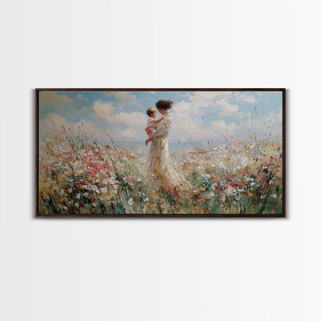 Mother And Baby In Soft Coastal Wildflower Field Canvas Print, Serene Floral Wall Art, Gift For Her, Bedroom Decor, Large Wall Art