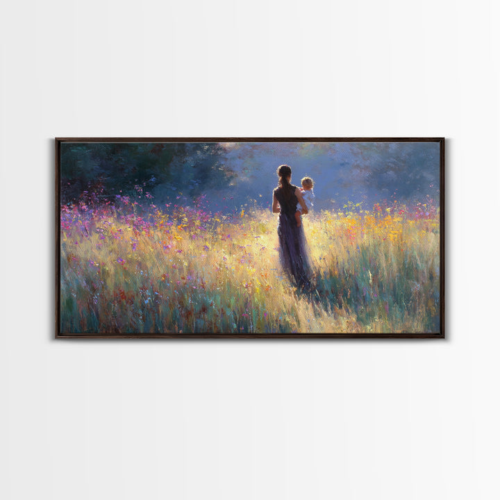 Backlit Mother Holding Baby In Glowing Wildflower Meadow Canvas Print, Moody Wall Art, Floral Wall Decor, Gift For Her, Large Wall Art