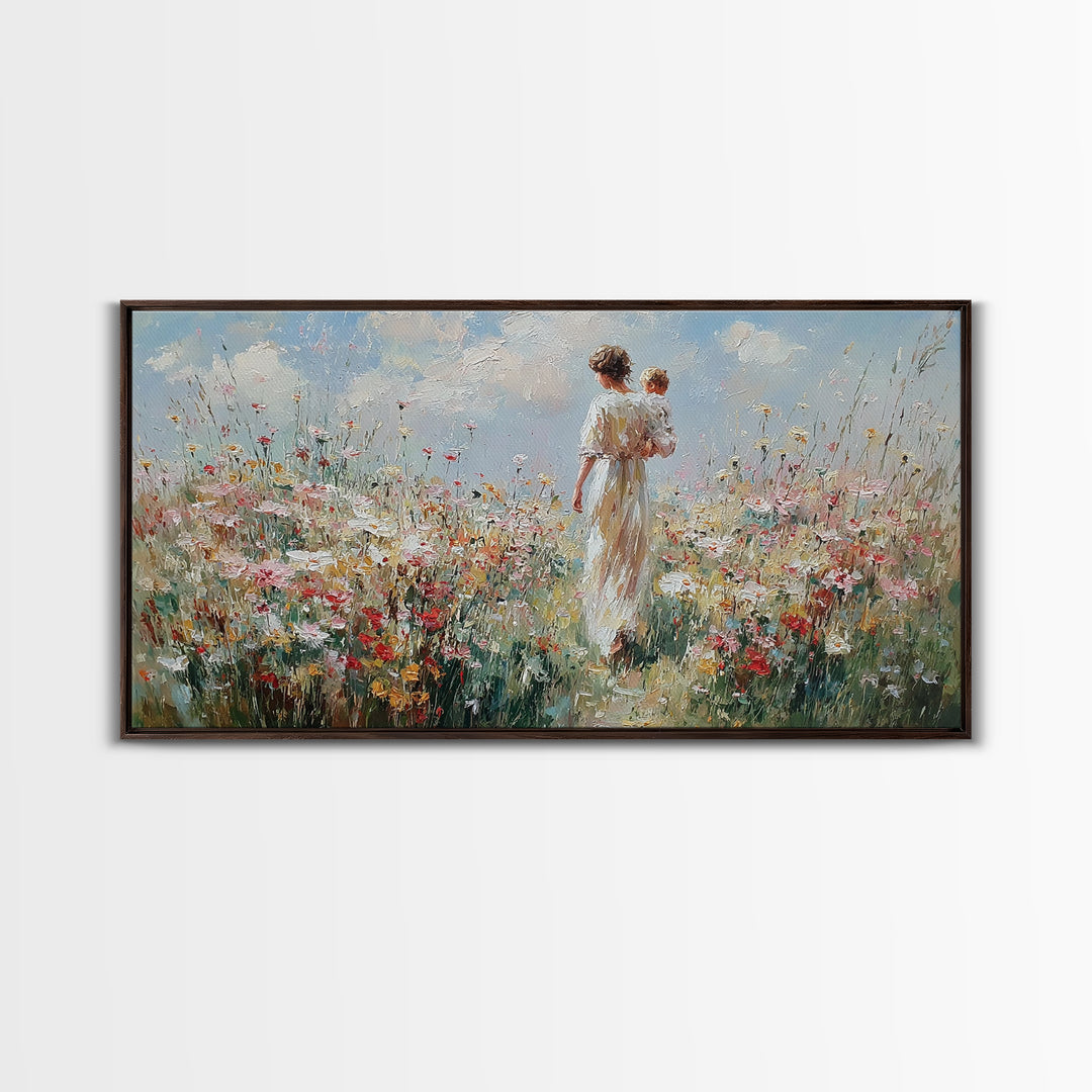 Mother And Baby Amid White Daisies And Red Poppies Framed Canvas Print, Floral Wall Art, Nursery Decor, Gift For Her, Living Room Decor