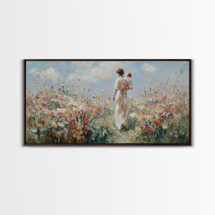 Mother And Baby Amid White Daisies And Red Poppies Framed Canvas Print, Floral Wall Art, Nursery Decor, Gift For Her, Living Room Decor