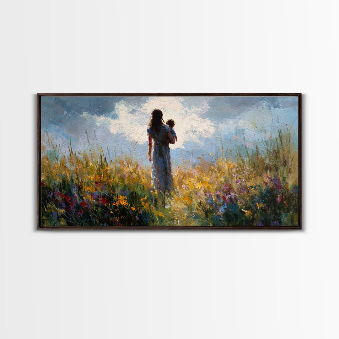 Mother And Baby In Windswept Summer Wildflower Field Canvas Print, Floral Wall Art, Gift For Her, Calming Bedroom Decor, Nursery Wall Art