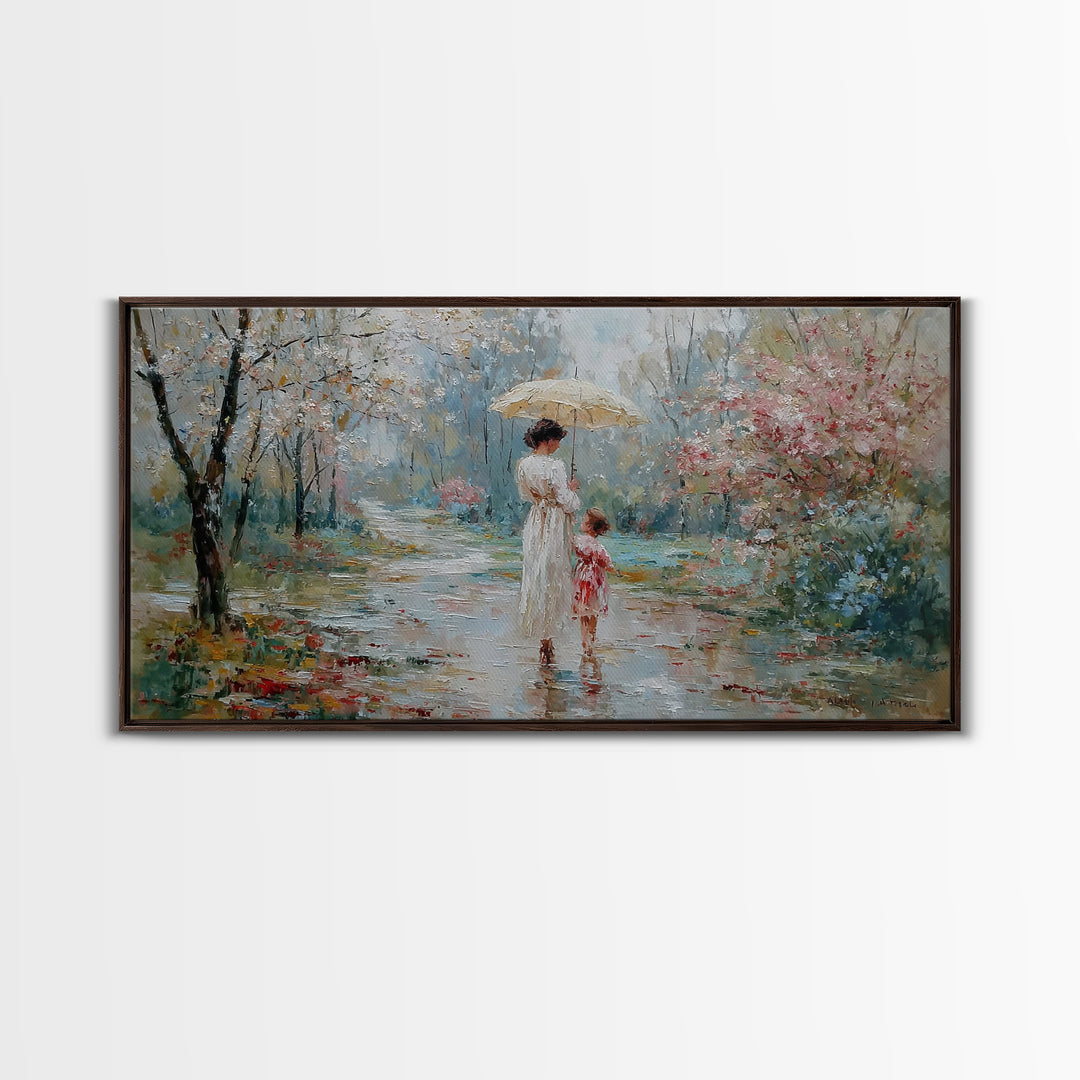 Mother And Child Walking Under Umbrella In Rainy Spring Garden Wall Art, Impressionist Painting, Gift For Her, Nursery Decor