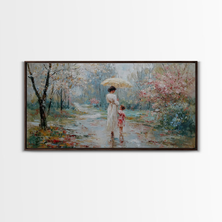 Mother And Child Walking Under Umbrella In Rainy Spring Garden Wall Art, Impressionist Painting, Gift For Her, Nursery Decor