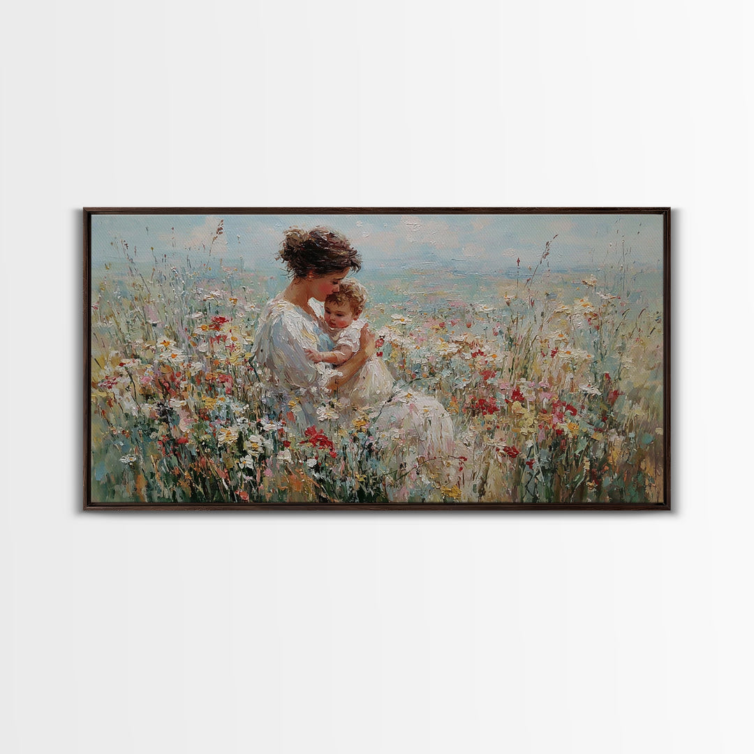 Mother Holding Smiling Baby Among Wildflowers By Sea Canvas Print, Coastal Wall Art, Mothers Day Gift, Living Room Decor