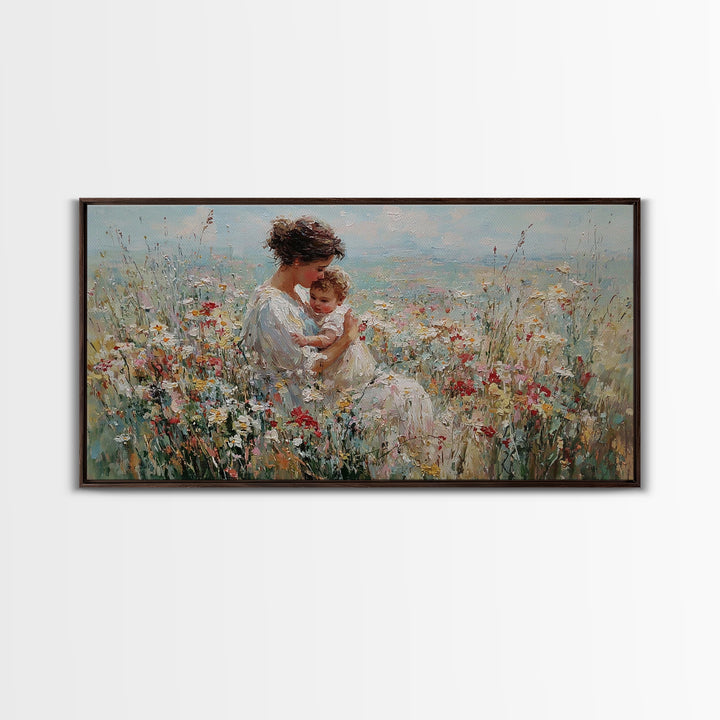 Mother Holding Smiling Baby Among Wildflowers By Sea Canvas Print, Coastal Wall Art, Mothers Day Gift, Living Room Decor