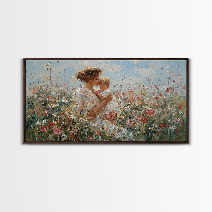 Mother Lifting Baby In Blooming Flower Field Framed Canvas Print, Impressionist Floral Nursery Art, Gift For Mom Home Decor
