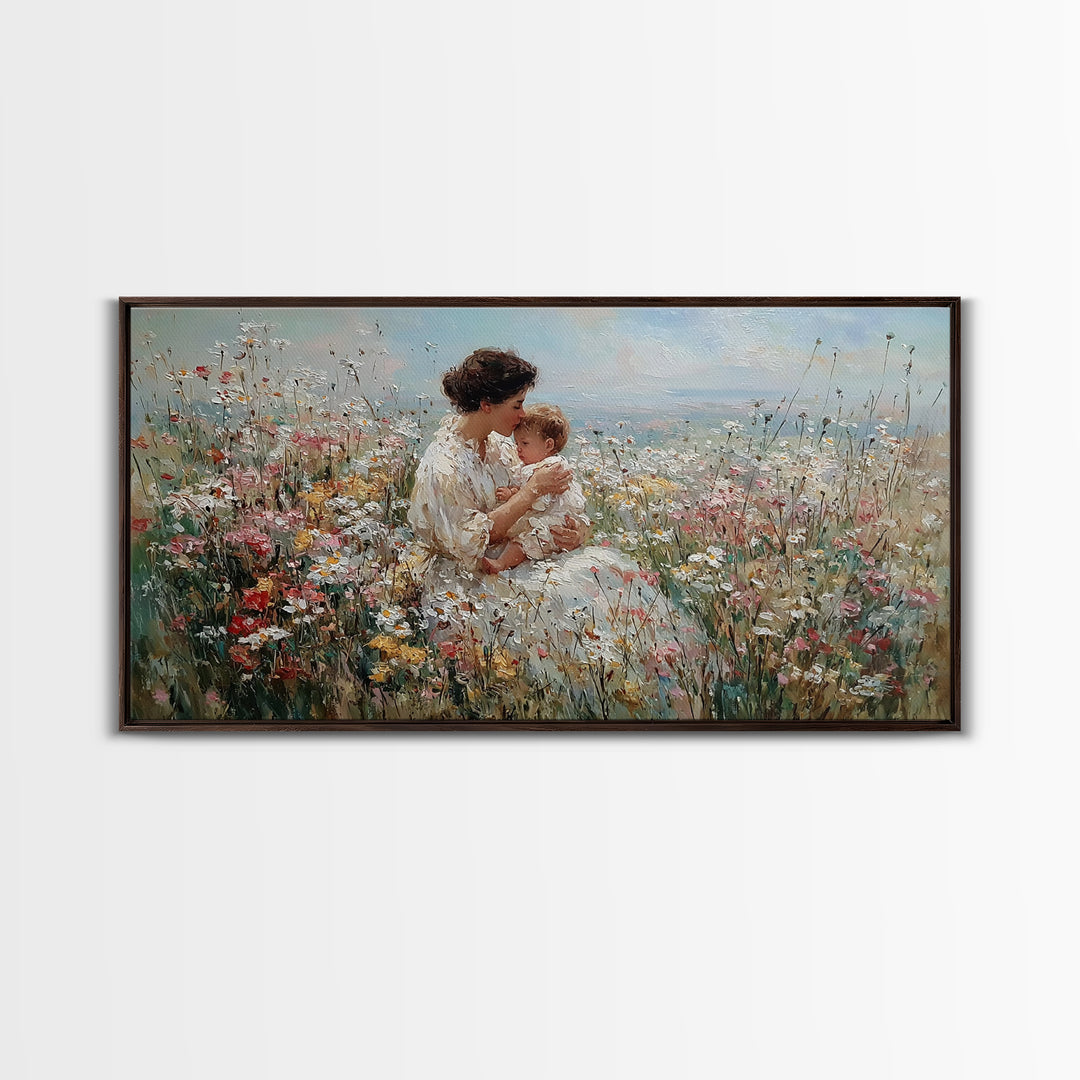 Seated Mother And Child In Coastal Wildflower Meadow Canvas Print, Impressionist Family Wall Art, Nursery Decor Gift For Her