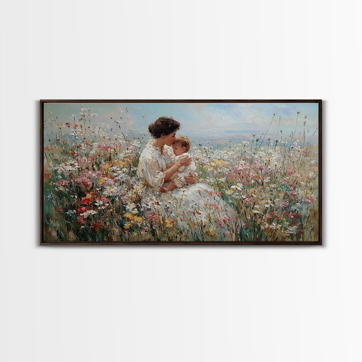 Seated Mother And Child In Coastal Wildflower Meadow Canvas Print, Impressionist Family Wall Art, Nursery Decor Gift For Her