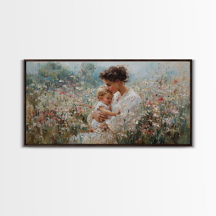 Mother Embracing Child In White Wildflower Meadow Framed Canvas Print, Impressionist Floral Wall Art, Nursery Decor Gift