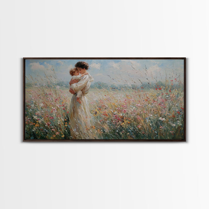 Standing Mother Holding Baby In Windy Wildflower Field Wall Art, Impressionist Landscape Canvas Print, Mothers Day Home Decor