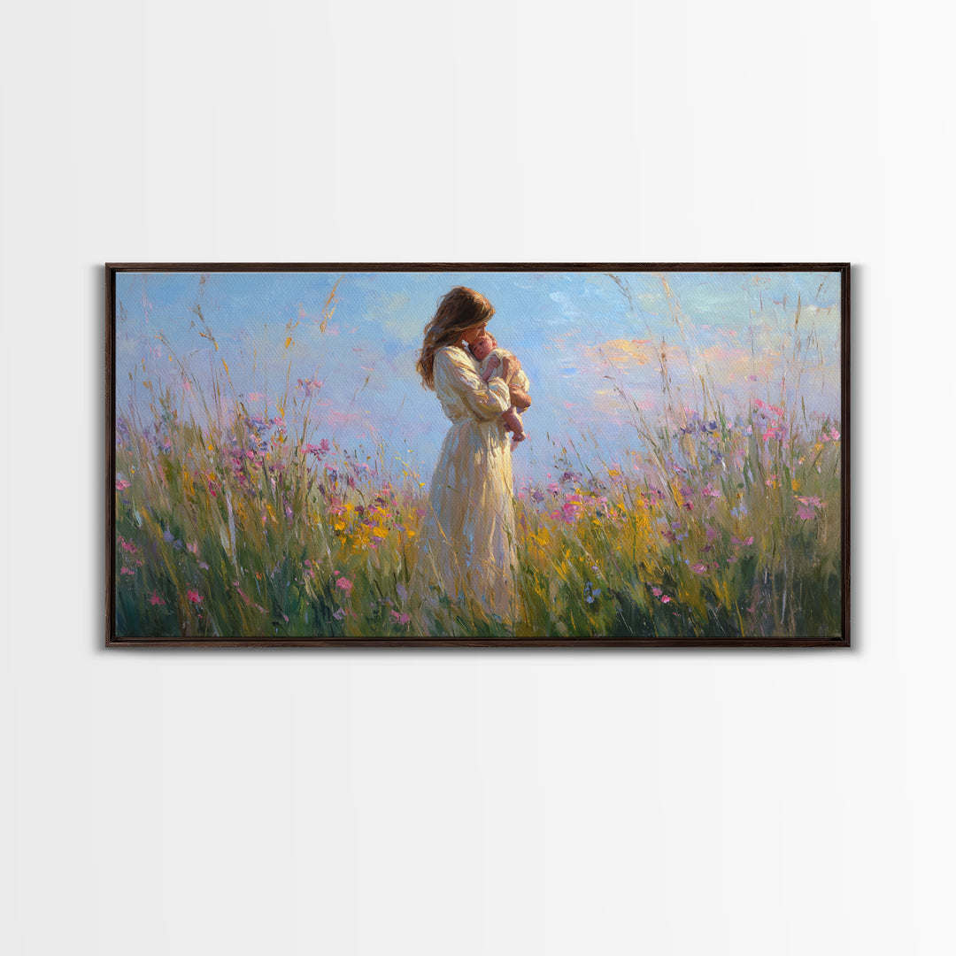Backlit Mother And Baby In Sunlit Meadow Canvas Print, Impressionist Wildflower Wall Art, Feminine Nursery Decor Gift For Mom