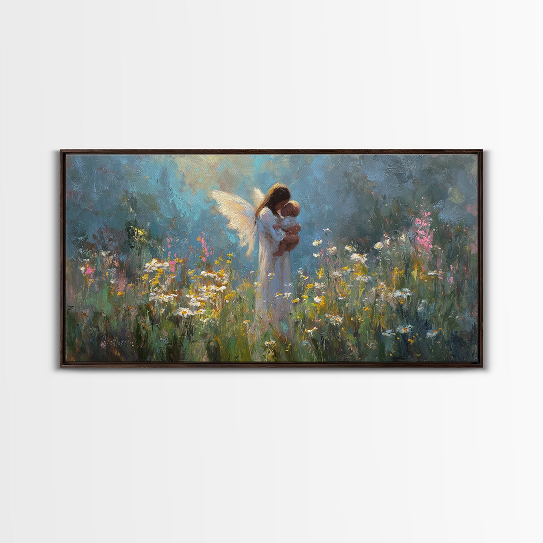Guardian Angel Holding Baby Canvas Print, Wildflower Meadow Oil Painting, Spiritual Wall Decor, Nursery Art, Gift For Mom