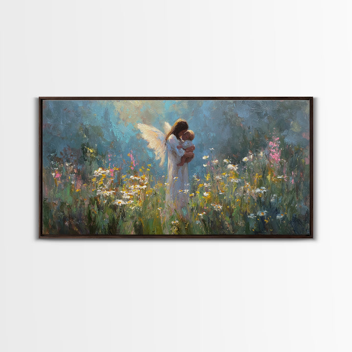Guardian Angel Holding Baby Canvas Print, Wildflower Meadow Oil Painting, Spiritual Wall Decor, Nursery Art, Gift For Mom