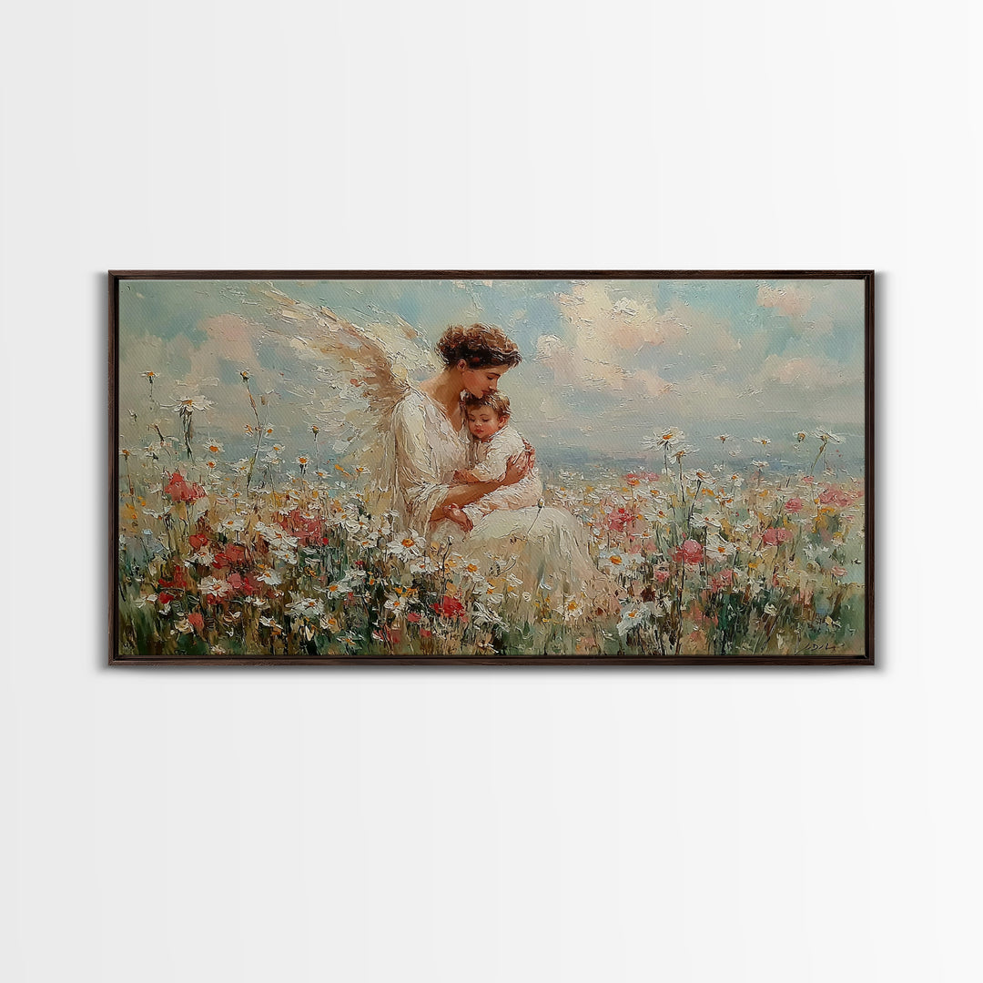 Angel And Baby In Flower Field Framed Canvas Print, Dreamy Christian Wall Art, Wildflower Nursery Decor, Gift For Her, Fine Art
