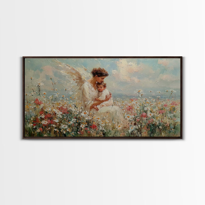 Angel And Baby In Flower Field Framed Canvas Print, Dreamy Christian Wall Art, Wildflower Nursery Decor, Gift For Her, Fine Art