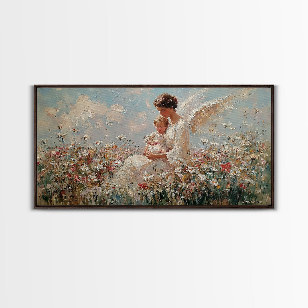 Guardian Angel With Baby Canvas Print, White Wildflower Meadow Painting, Christian Nursery Wall Art, Spiritual Gift For Mom