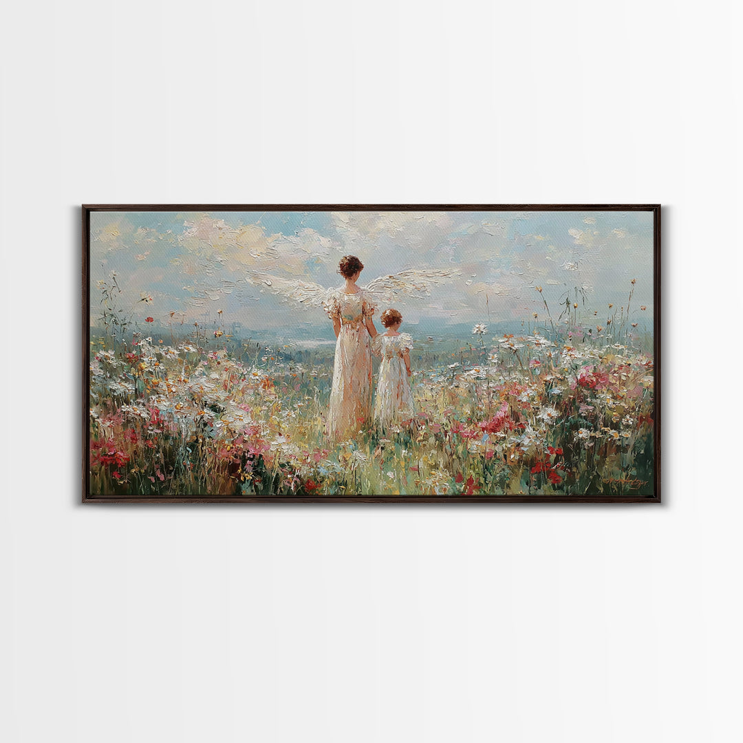 Angel And Child In Wildflower Field Framed Canvas Print, Impressionist Christian Wall Art, Floral Nursery Decor, Gift For Her