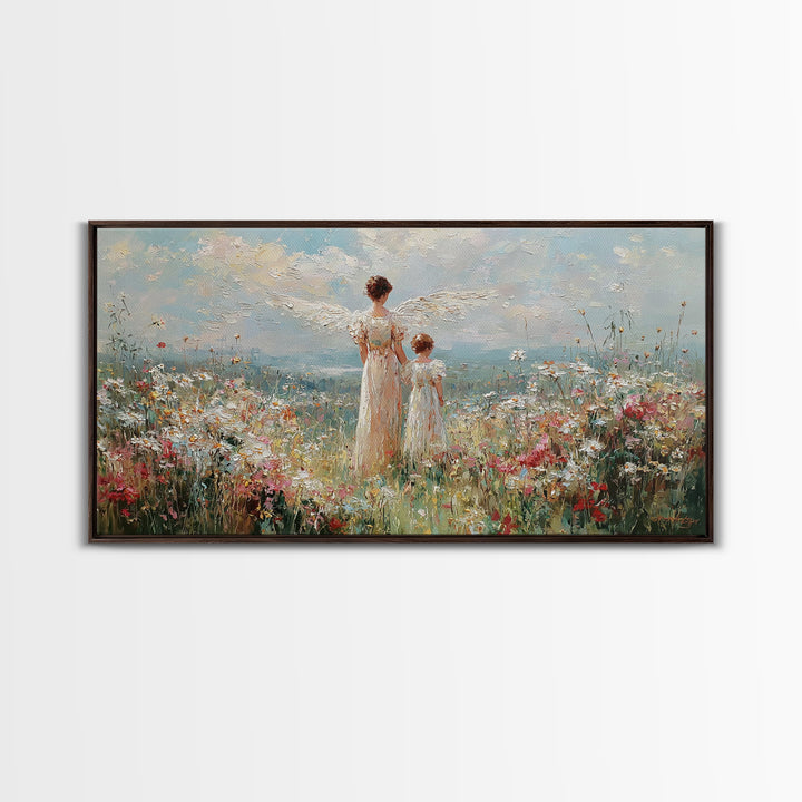 Angel And Child In Wildflower Field Framed Canvas Print, Impressionist Christian Wall Art, Floral Nursery Decor, Gift For Her