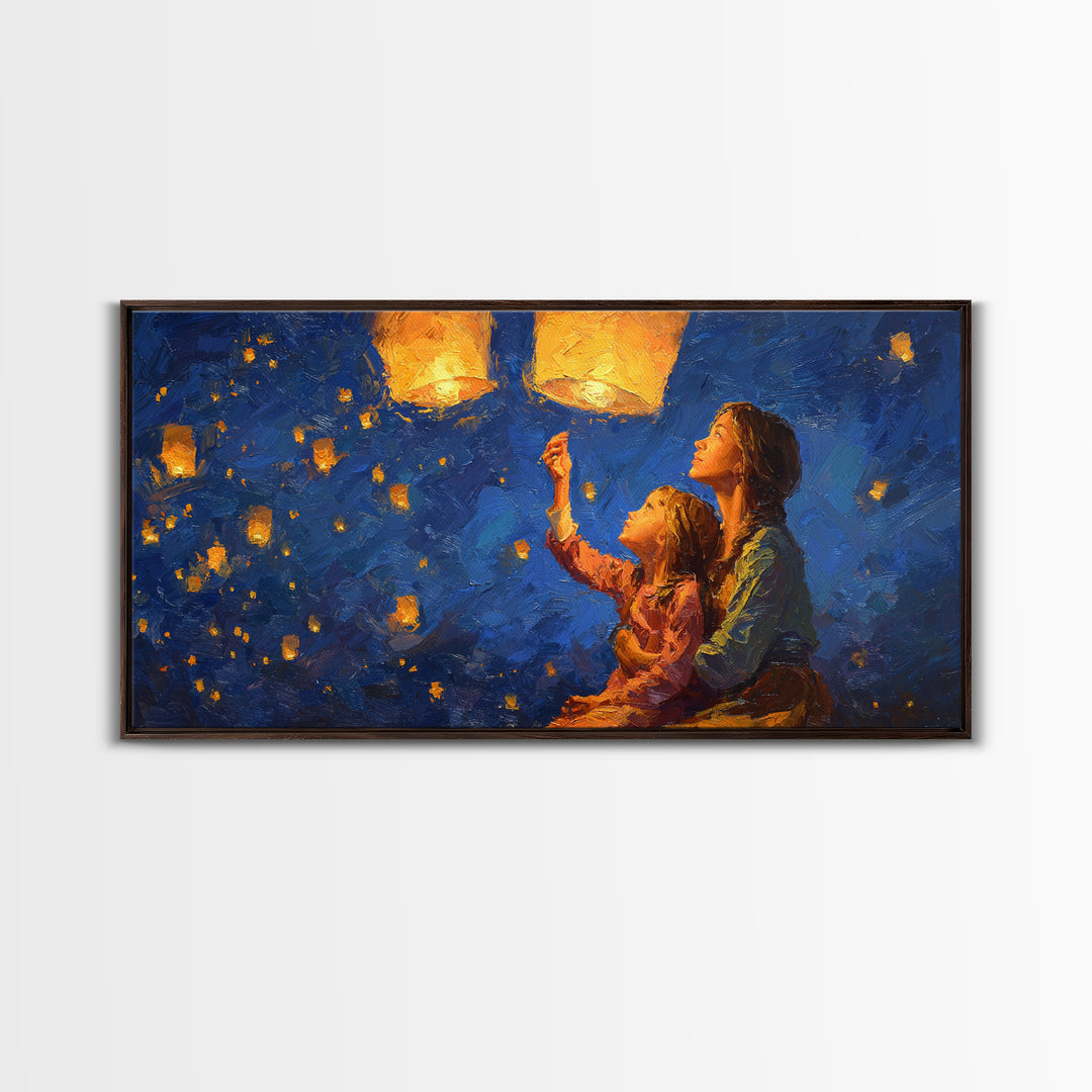Mother And Child Lantern Festival Canvas Print, Blue Night Sky Painting, Whimsical Wall Art, Family Gift, Cozy Home Decor