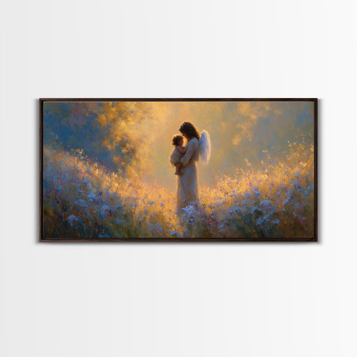 Guardian Angel Mother And Child In Golden Wildflower Meadow Wall Art, Christian Nursery Decor, Spiritual Gift For Mom, Home Decor