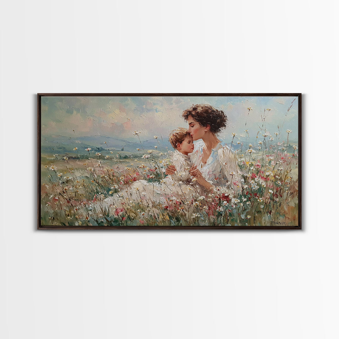 Seated Mother And Child In Soft Wildflower Field Canvas Print, Impressionist Floral Wall Art, Gift For Mom, Living Room Decor