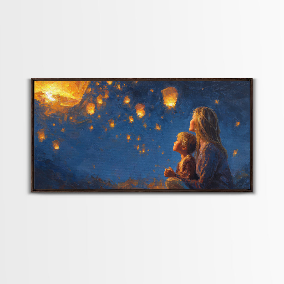 Mother And Child Lantern Night Wall Art, Angelic Family Canvas Print, Celestial Nursery Decor, Gift For Mom, Housewarming Gift