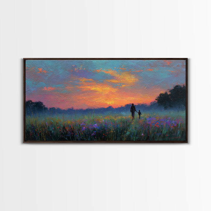 Sunset Meadow Silhouette Framed Canvas Print, Colorful Landscape Wall Art, Mother Child Decor, Living Room Art, Housewarming Gift