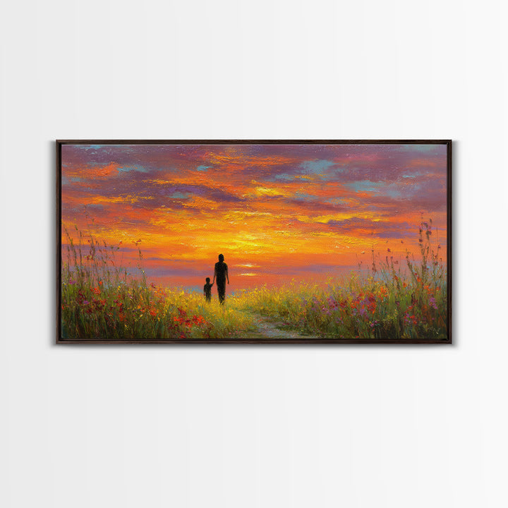 Parent And Child Sunset Path Canvas Print, Colorful Landscape Wall Art, Family Gift, Living Room Decor, Housewarming Gift