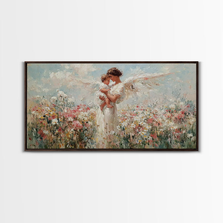 Angel Mother Holding Baby Wall Art, White Wings Wildflower Canvas Print, Spiritual Nursery Decor, Gift For Mom, Christian Wall Art