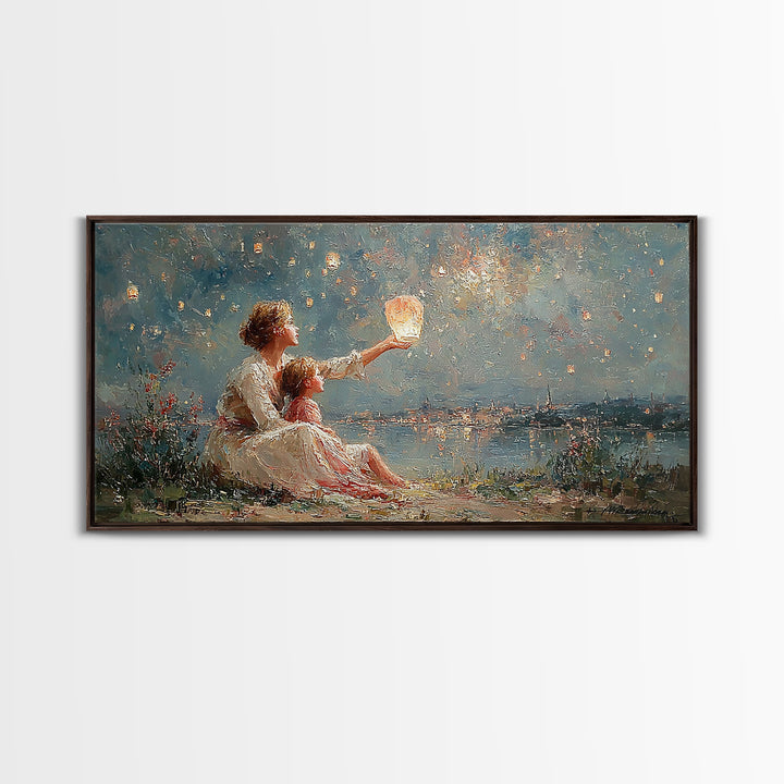 Mother And Child With Lantern By Moonlit Lake Framed Canvas Print, Impressionist Wall Art For Nursery And Coastal Decor Gift