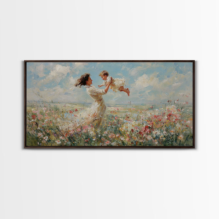 Mother Lifting Baby In Breezy Flower Field Canvas Print, Impressionist Wall Art For Nursery, Bedroom Decor, And Gift For Her
