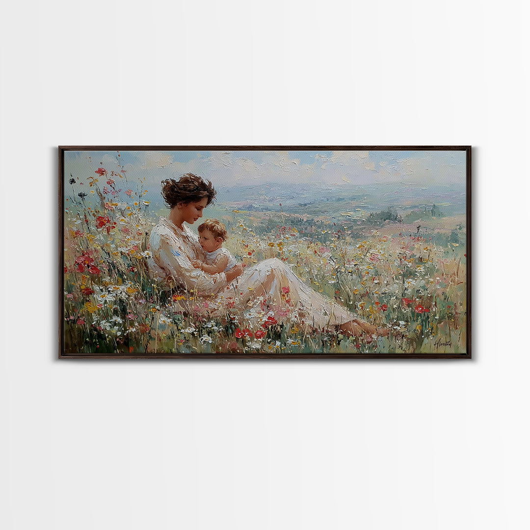 Nursing Mother With Baby In Sunlit Flower Meadow Wall Art, Impressionist Canvas Print For Nursery Decor And Housewarming Gift