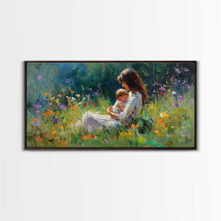 Mother Nursing Baby In Shaded Garden Wildflowers Canvas Print, Impressionist Wall Art For Nursery Decor And Nature Lover Gift