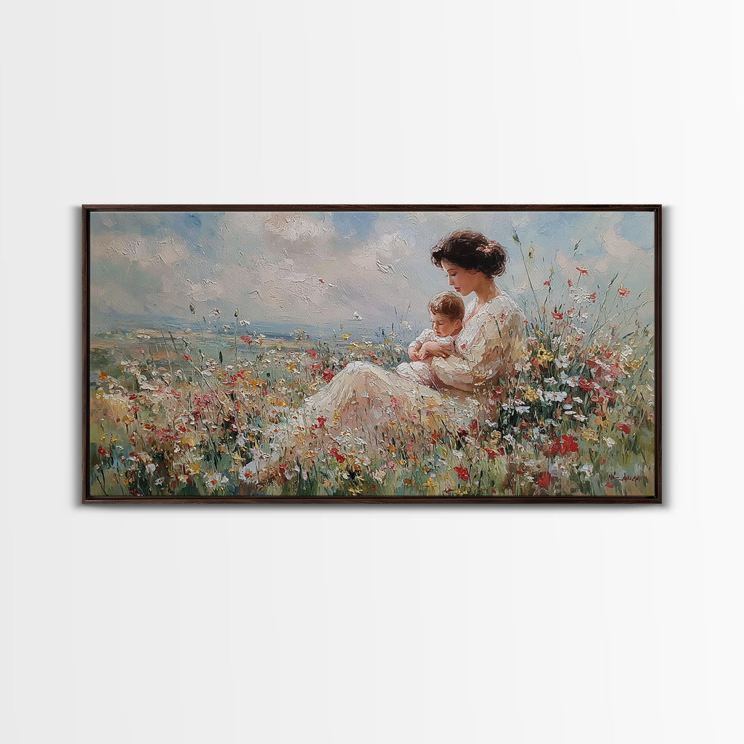 Seated Mother Nursing Baby In Meadow Wildflowers Framed Canvas Print, Impressionist Wall Art For Nursery And Bedroom Decor
